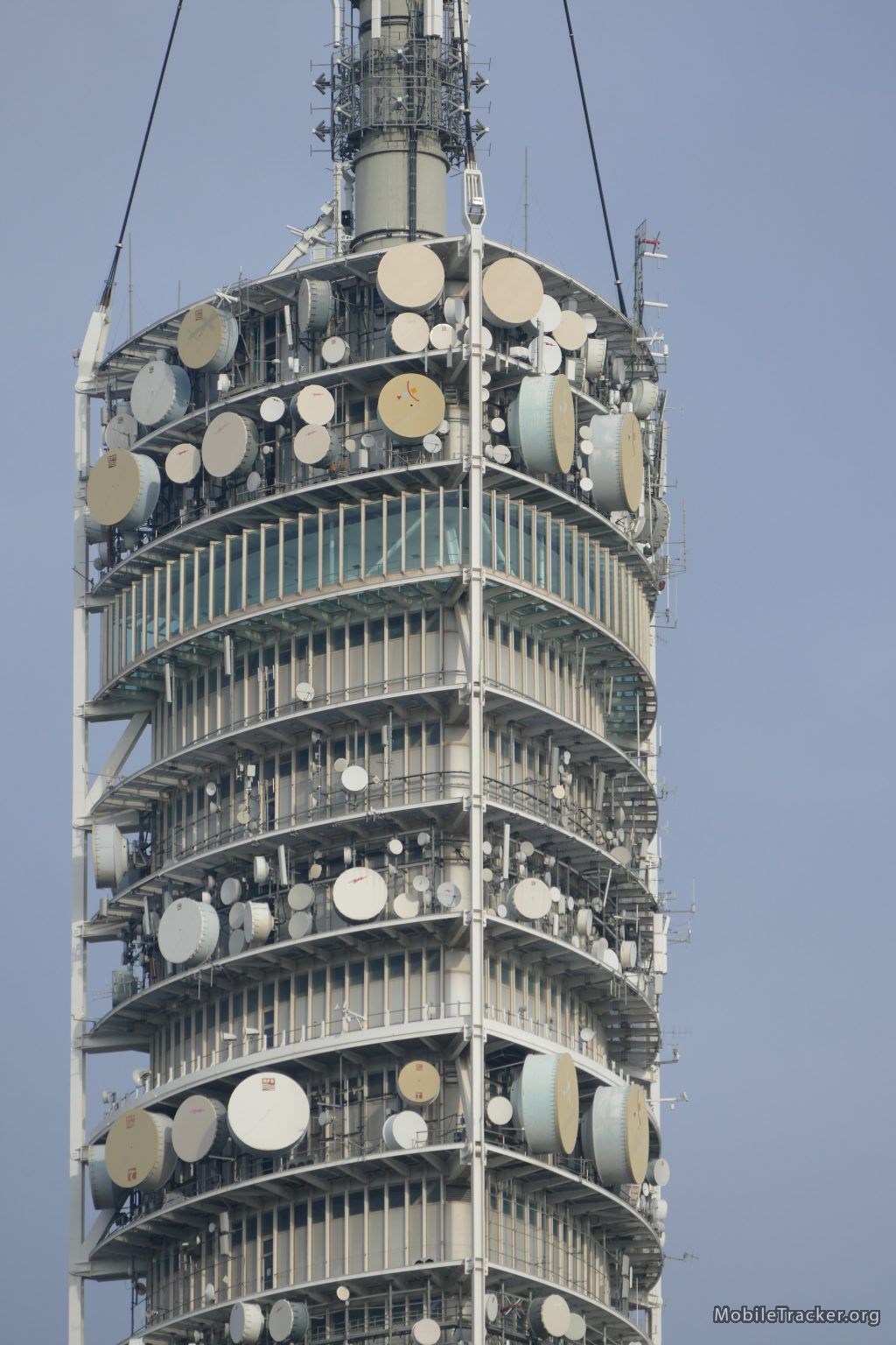 cellular tower with dozens of microwave antennas